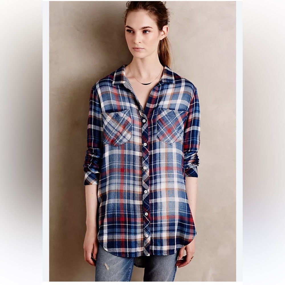 Anthropologie Cloth & Stone Brecken Plaid Buttondown Shirt M Blue Motif